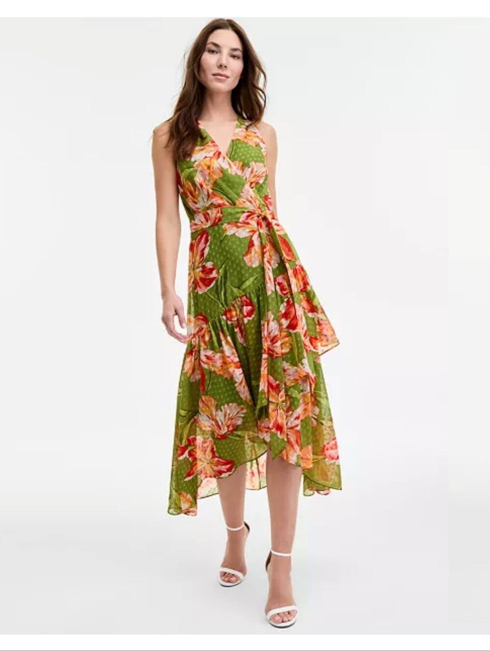 Anne Klein NWT 18W $169 Leafy Green Floral Ruffle High Low Maxi Dress